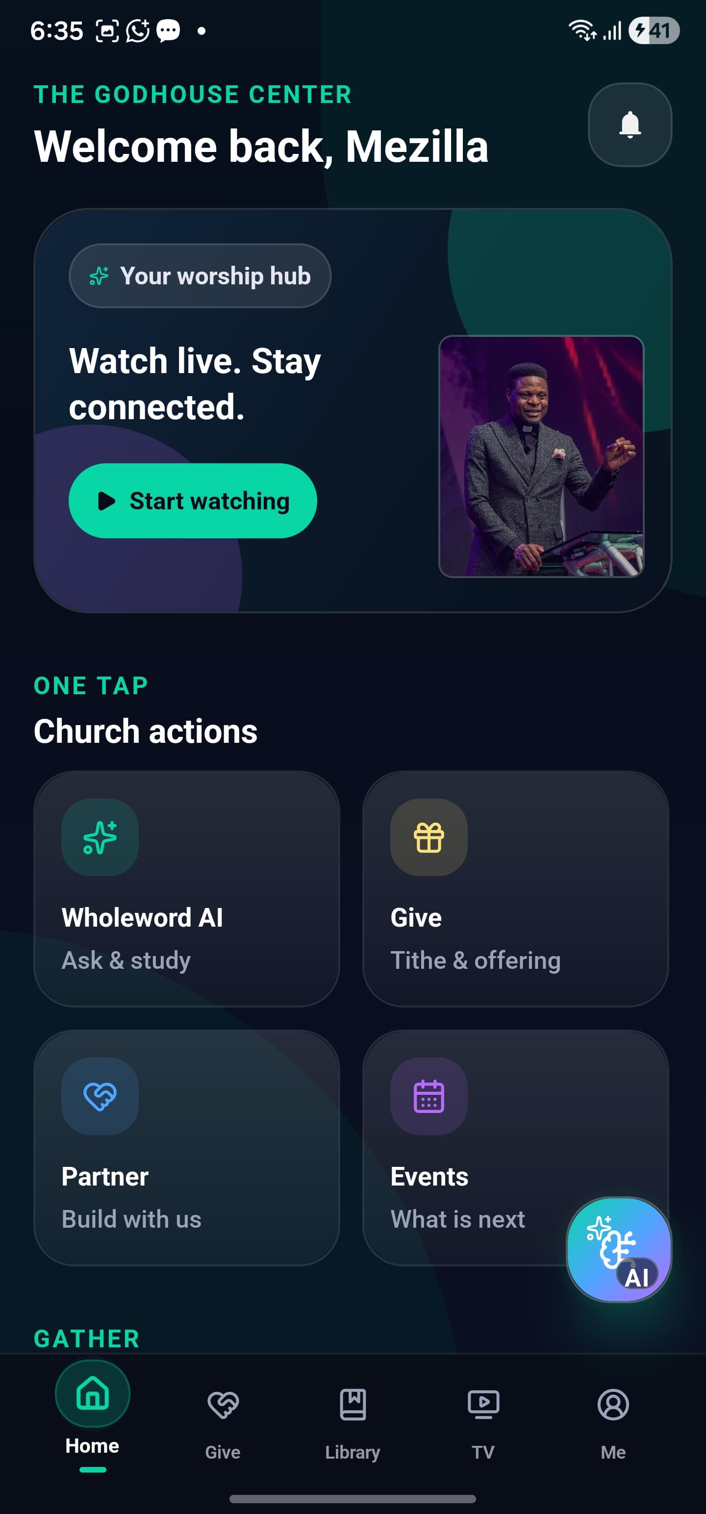 WholeWord home and worship hub screen